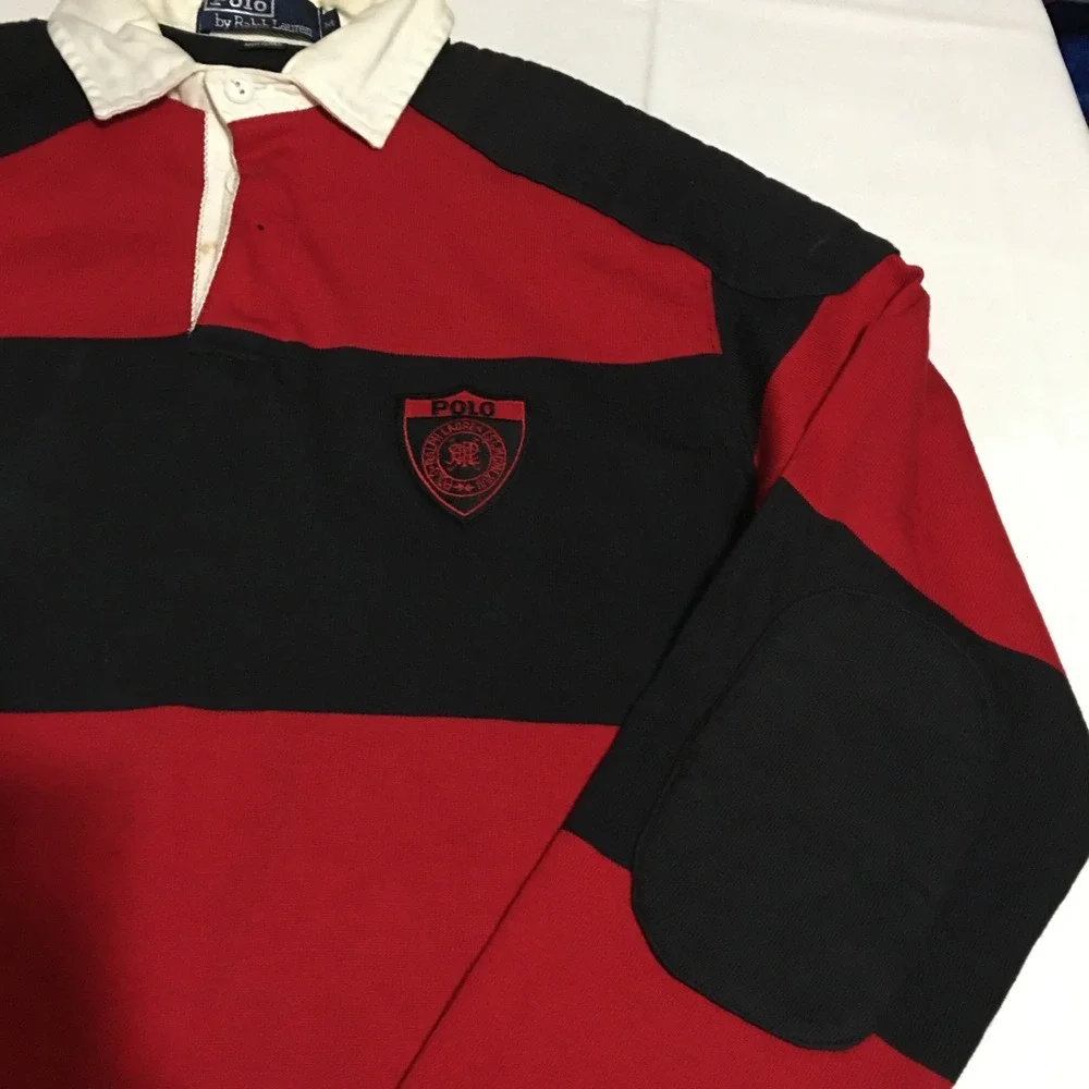 Polo Ralph Lauren Rugby Shirt Mens Medium Red Black Striped Elbow Patch